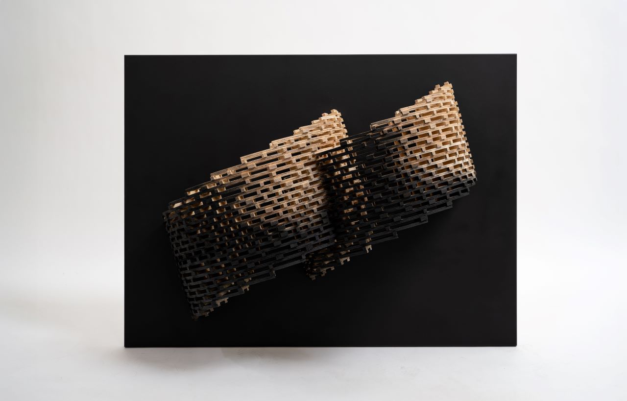 Dyad, 2023, wood, 90x120x30cm, Portrait photo : Miikka Heinonen, Work photo: Diogo dos Santos / DS Visuals